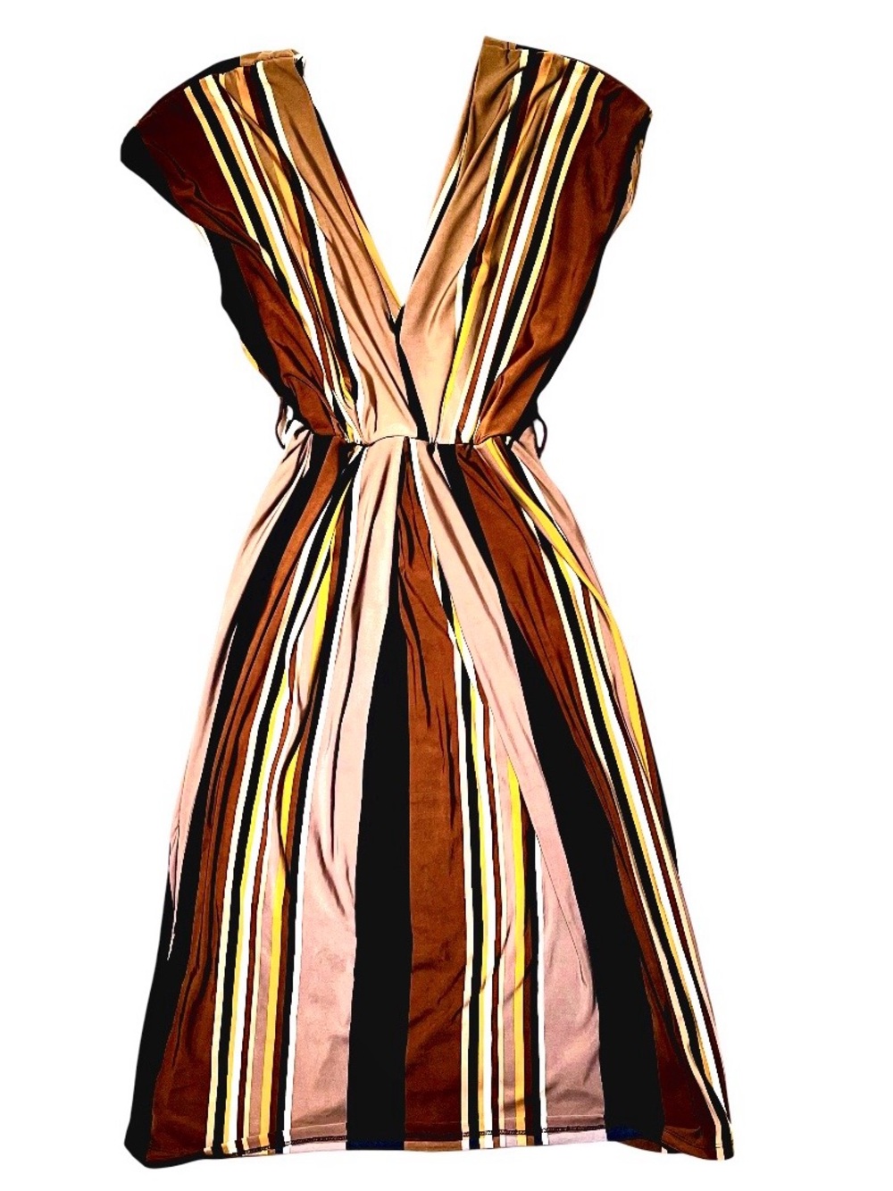 Lulu's Striped V-Neck Midi Dress in Mustard, Navy & Blush
